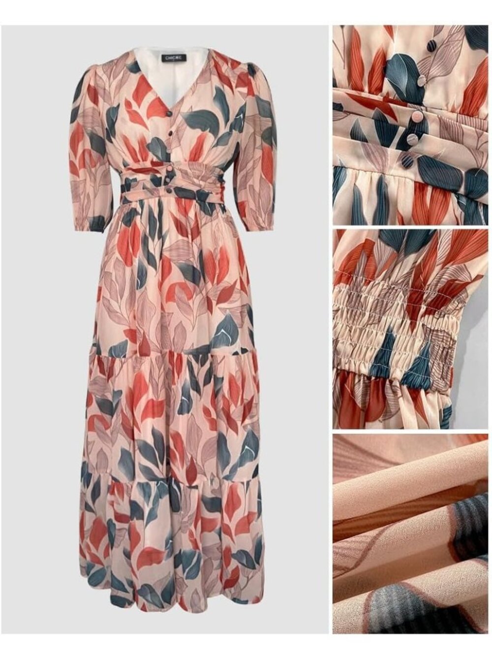 〽️Women’s Multicolor Leaf Print Boho Maxi Dress Shirred Back Tiered Ruffle - Picture 6 of 6